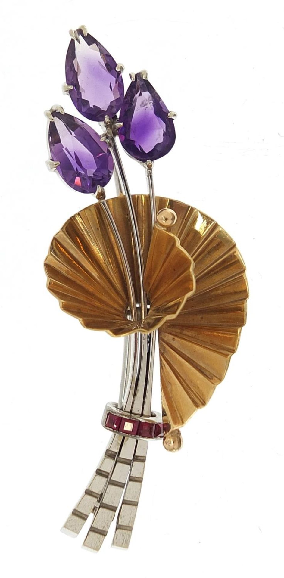 Alabaster & Wilson, Art Deco style 9ct two tone gold amethyst and ruby brooch, 6cm wide, 10.8g