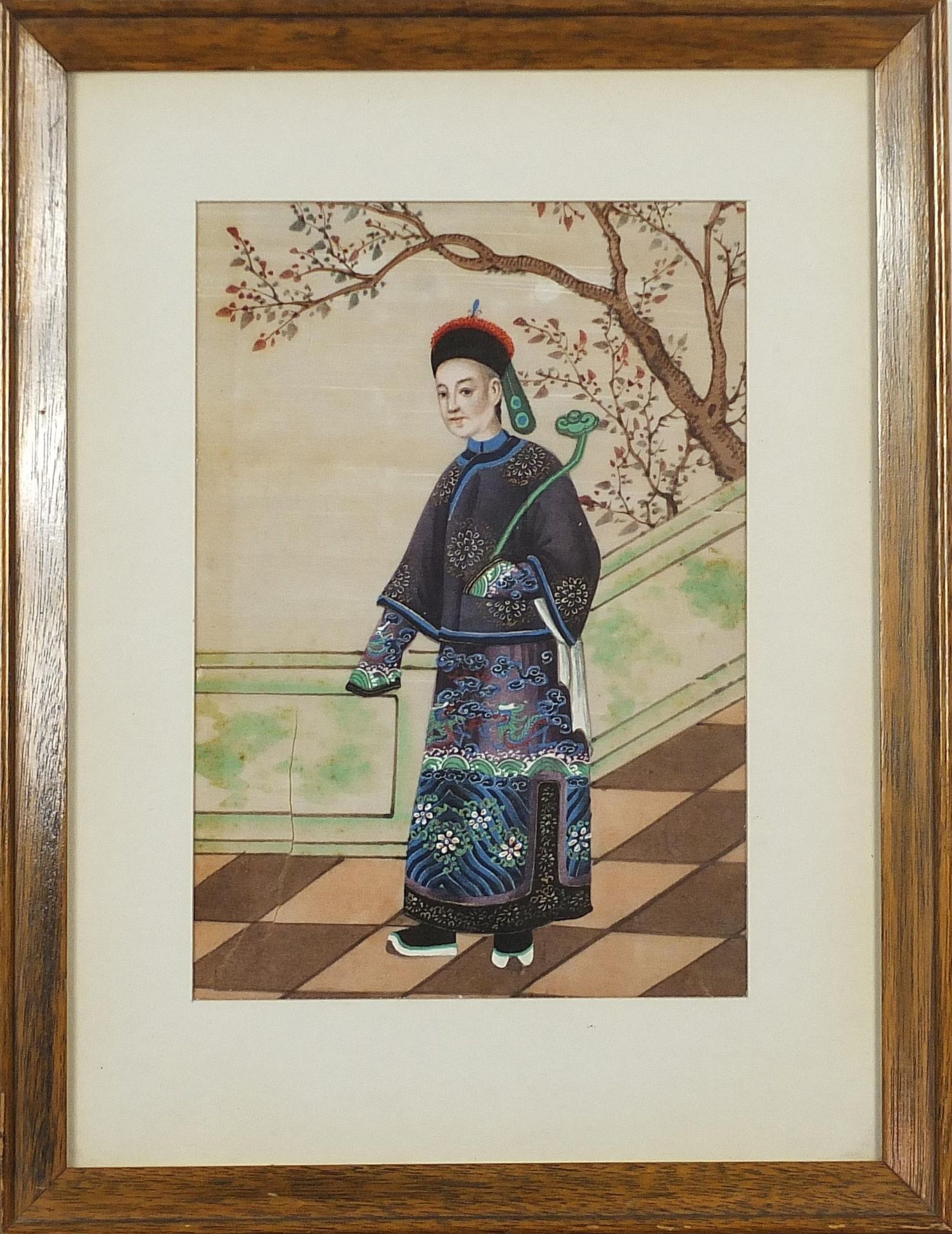 Chinese ancestral portrait of a gentleman, watercolour on pith paper, mounted, framed and glazed, - Image 2 of 3