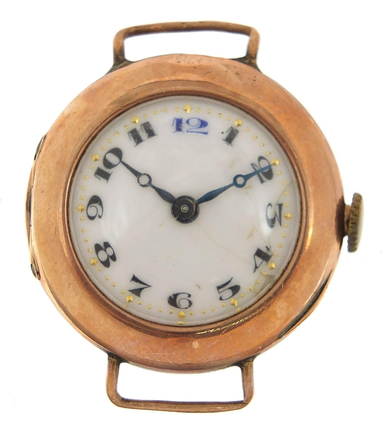 9ct gold ladies wristwatch with enamelled dial, 25mm in diameter, 14.2g