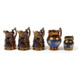 Five Victorian lustre jugs including one hand painted with flowers, the largest 19.5cm high