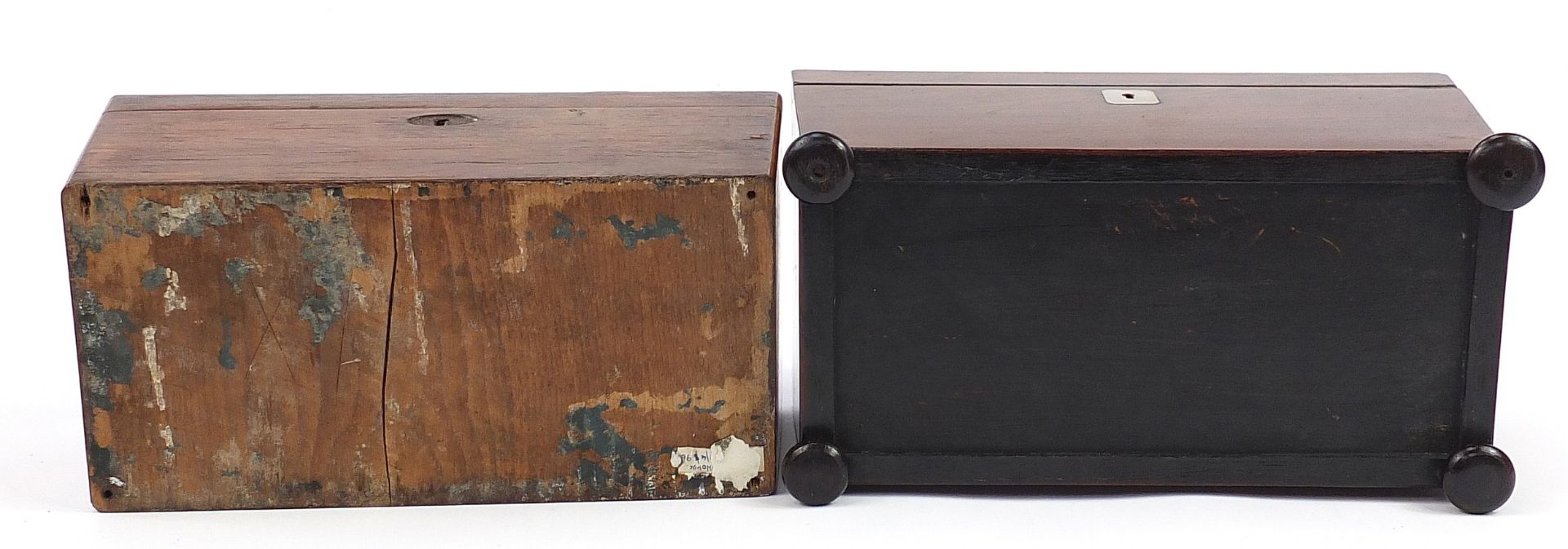 Two 19th century rosewood sarcophagus shaped tea caddies with twin divisional interiors, the largest - Image 4 of 4