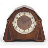 Art Deco inlaid mahogany striking mantle clock, 25cm high
