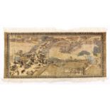 Chinese silk wall hanging finely woven with figures crossing a bridge with junks, 165cm x 85cm