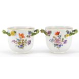 Meissen, pair of German porcelain cache pots with twin handles, each hand painted with Deutsche