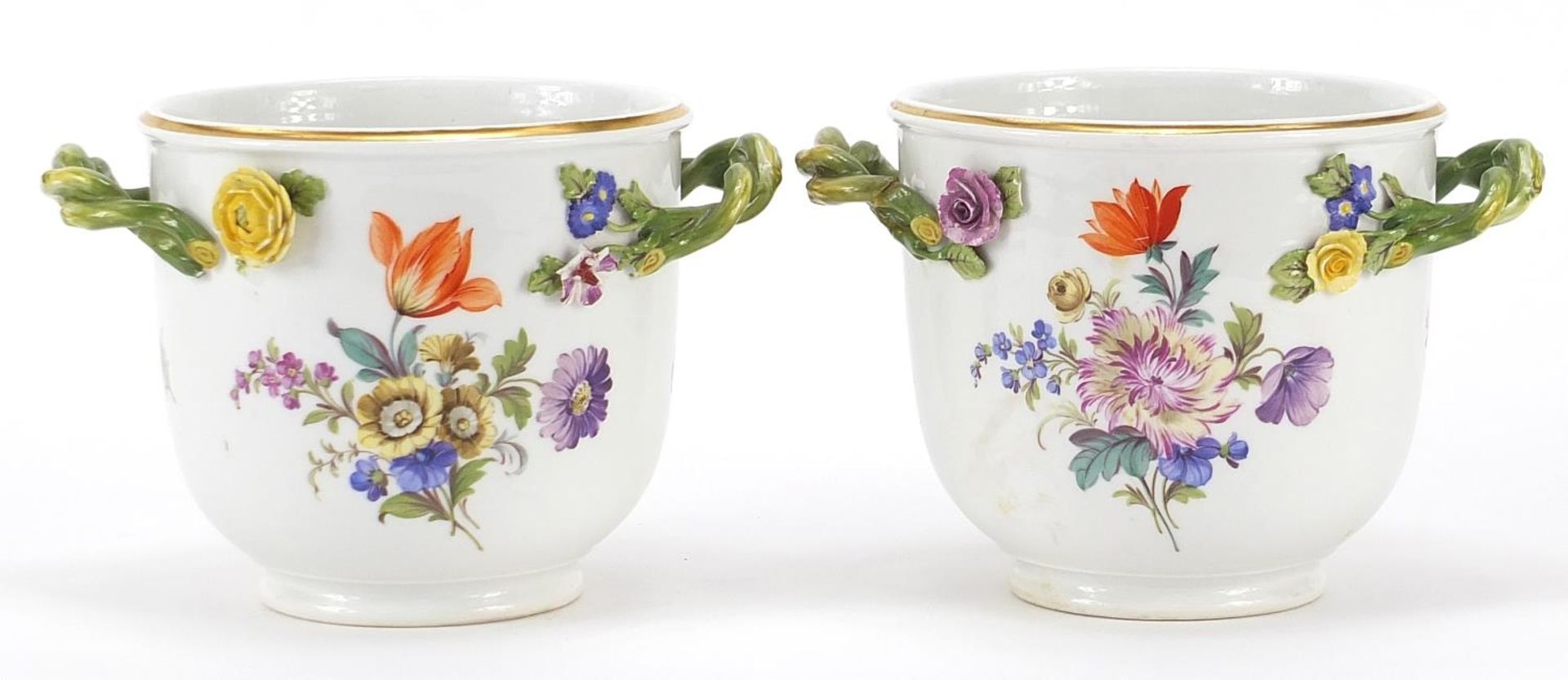 Meissen, pair of German porcelain cache pots with twin handles, each hand painted with Deutsche