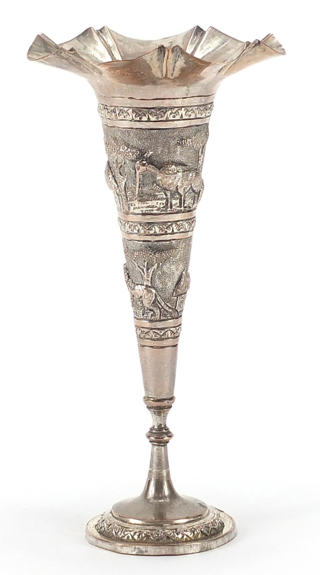 Anglo Indian white tapering vase embossed with wild animals and trees, 19cm high, 124g - Image 2 of 3