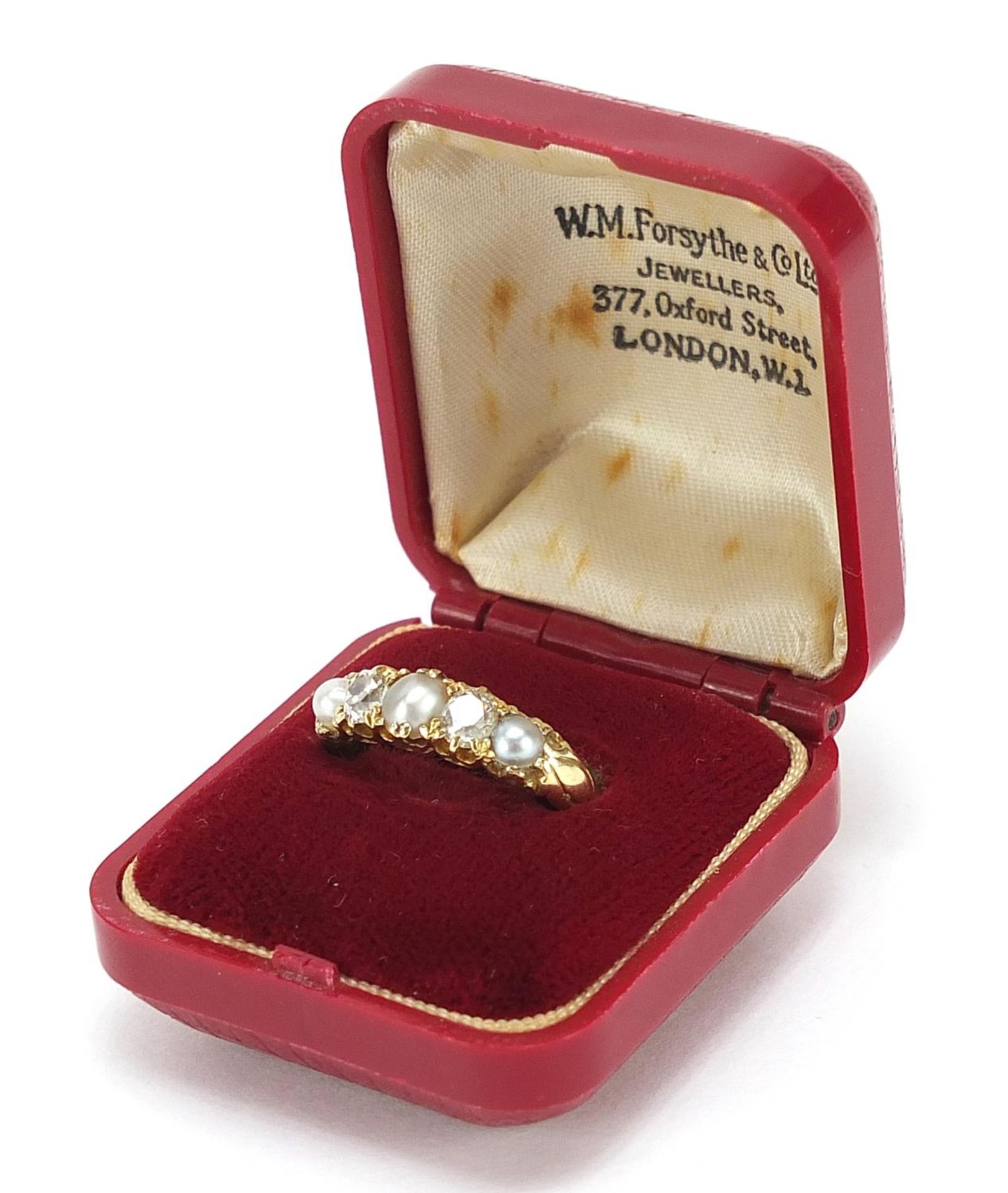 Unmarked gold diamond and pearl five stone ring, size P/Q, 3.4g - Image 3 of 4