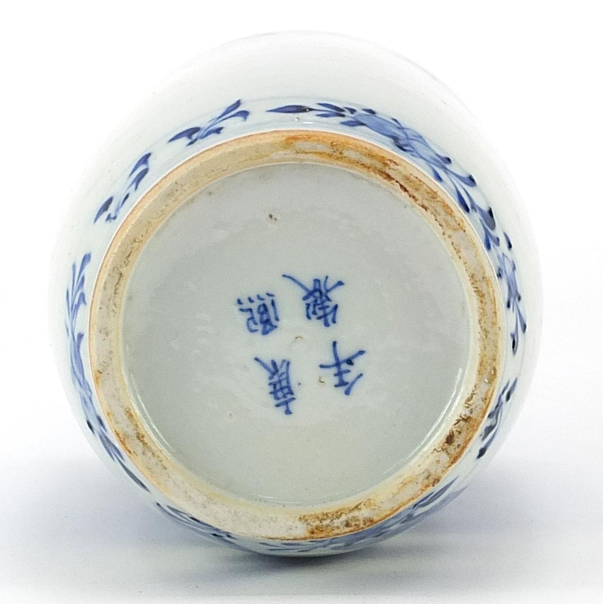 Chinese blue and white porcelain Rouleau vase hand painted with a figure crossing a bridge in a - Image 3 of 4