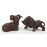 Two Japanese patinated bronze animals comprising bull and ram, impressed marks to the bases, the