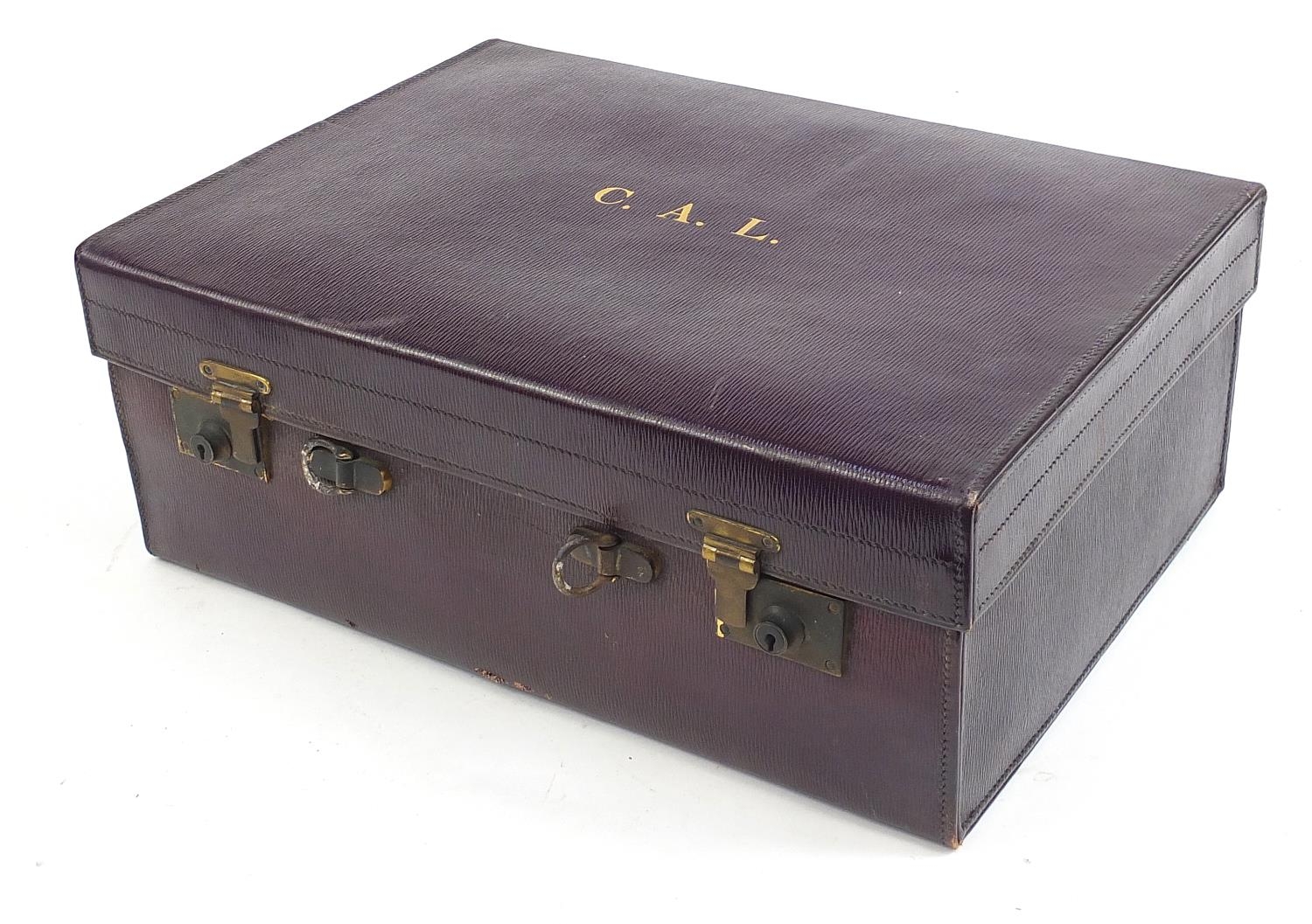 Edwardian purple leather travelling vanity case with silver mounted items including brushes, - Image 6 of 8