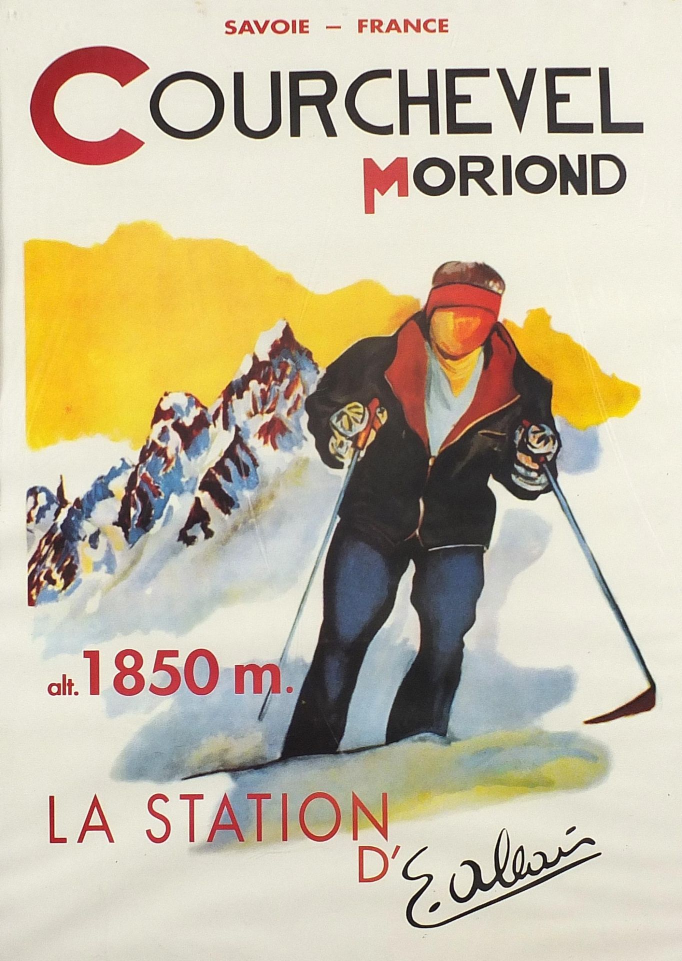 Courchevel Moriond skiing interest poster, framed and glazed, 69cm x 49cm