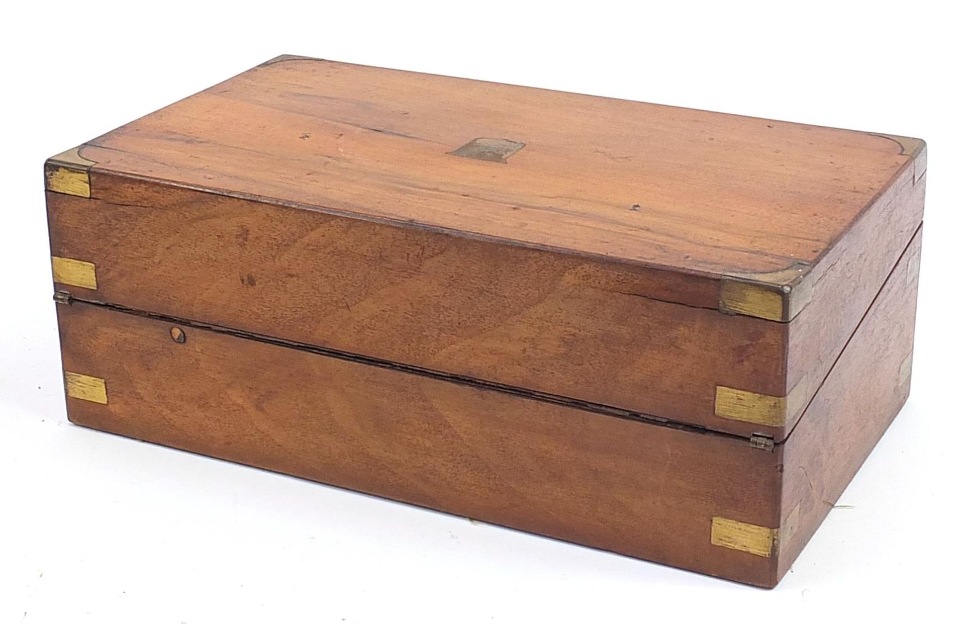 Victorian campaign style walnut writing slope with brass mounts, 15.5cm H x 40cm W x 23cm D - Image 3 of 4