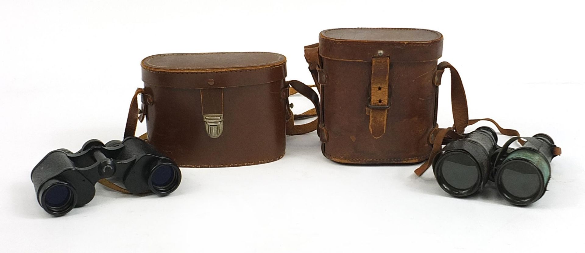 Two pairs of binoculars including one pair of military interest housed in a Colmona Paris leather