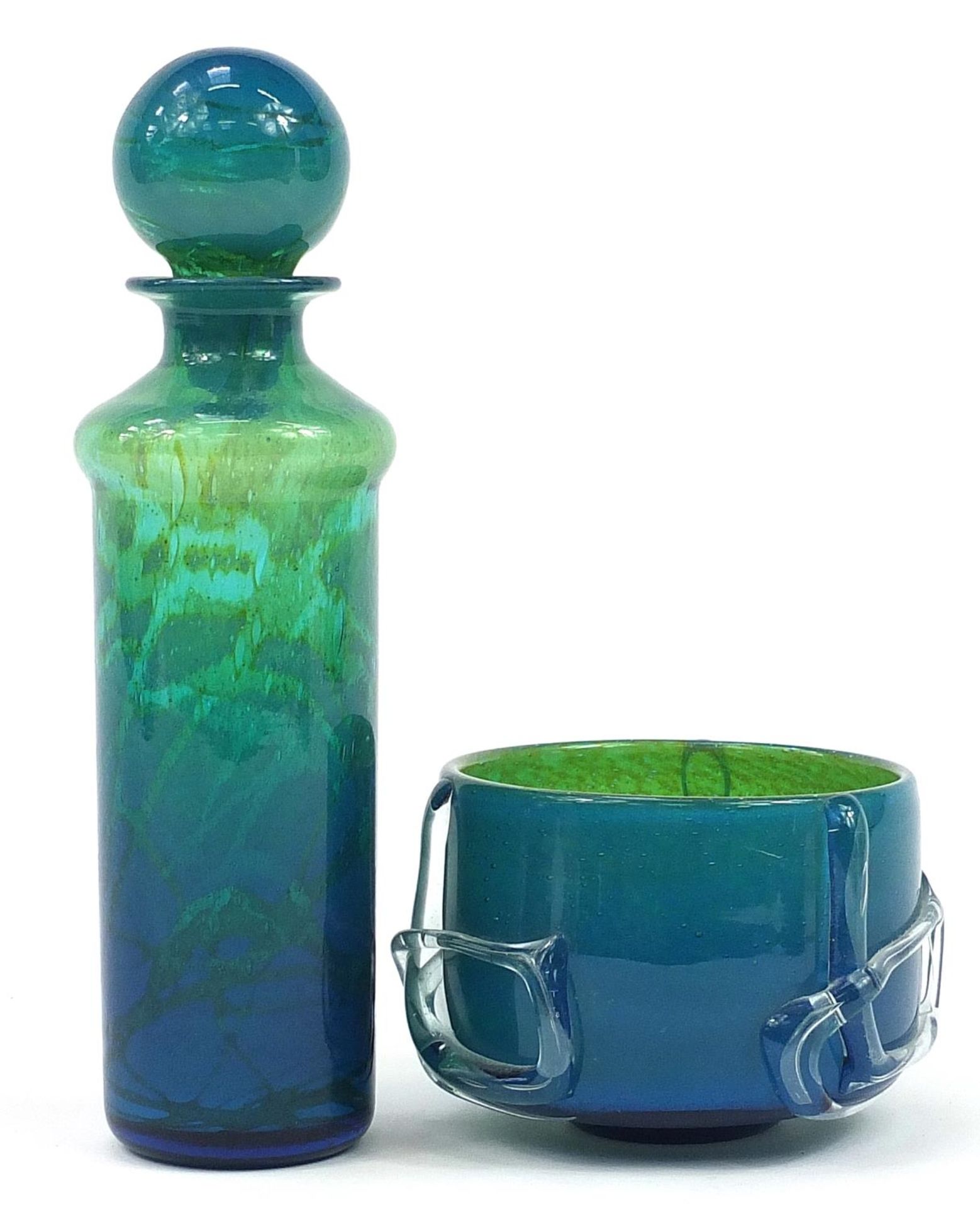 Mdina glass bowl and bottle with stopper, the largest 29cm high