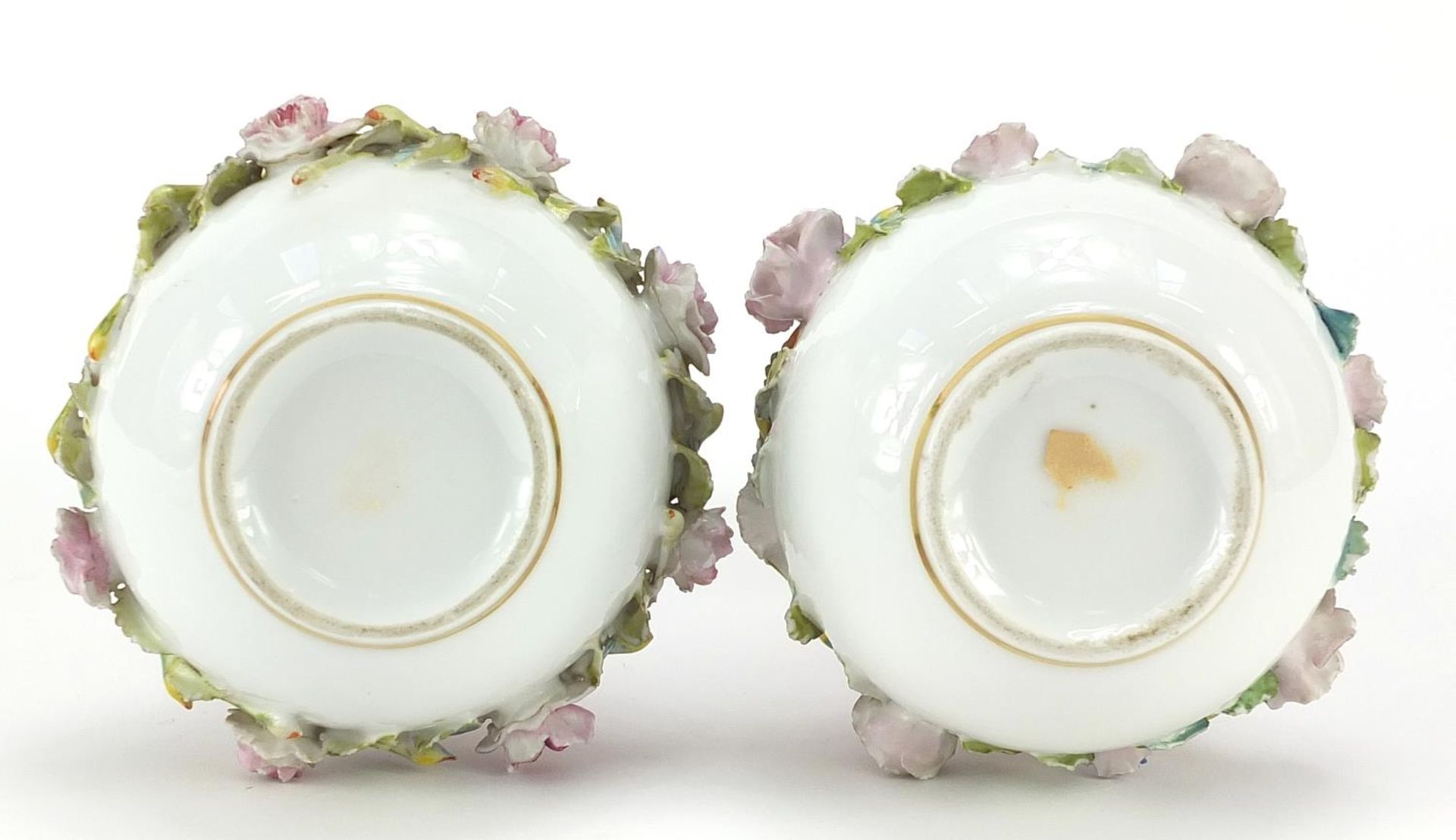 Pair of 19th century French pink ground vases with floral encrusted band, each 16cm high - Image 3 of 3