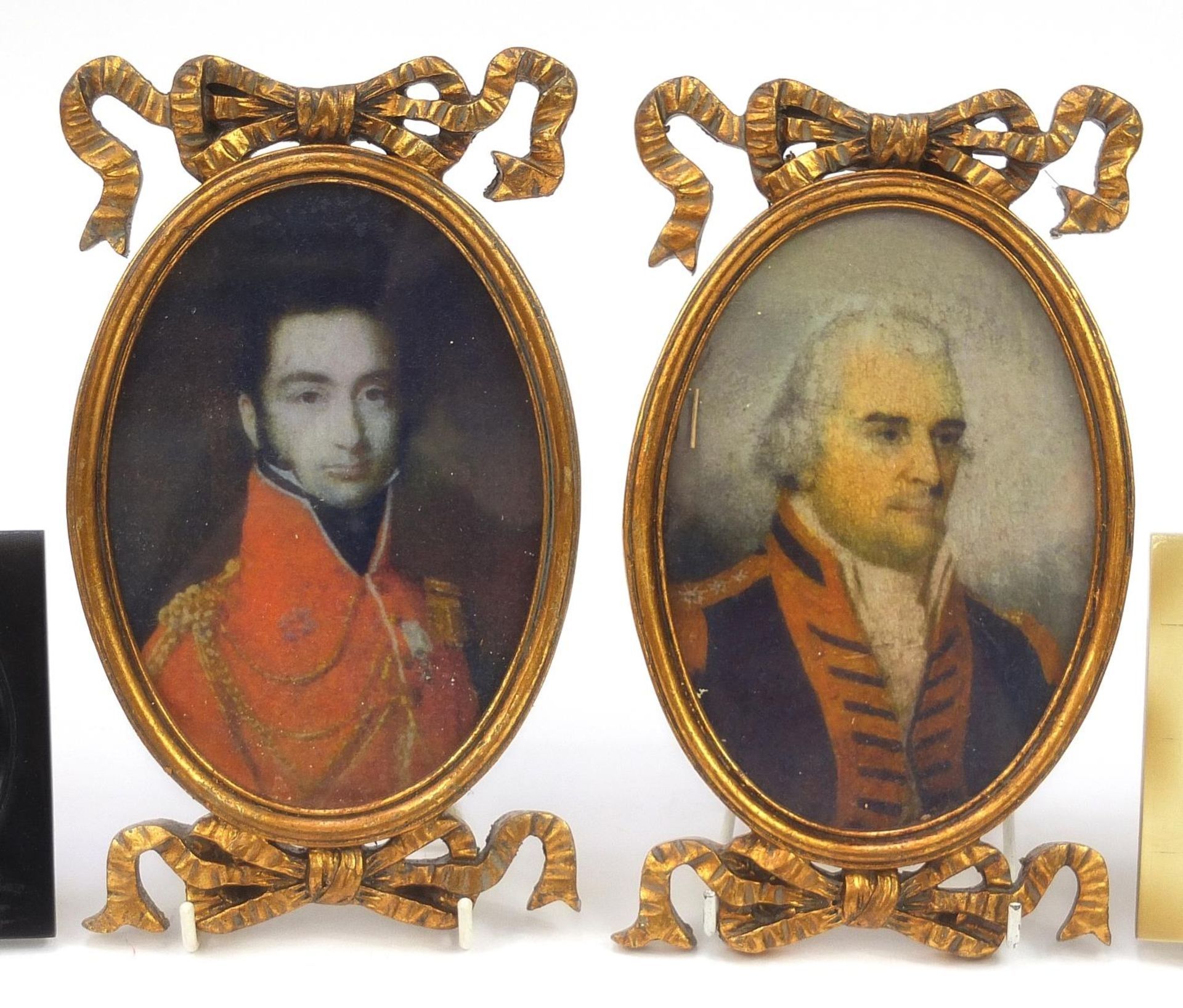 Four pairs of portrait miniatures including giltwood bow design frames, the largest 24cm high - Image 3 of 6