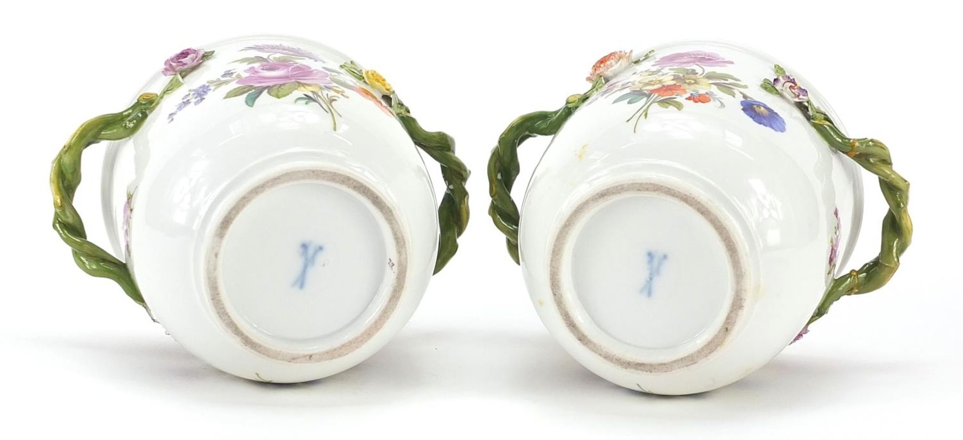 Meissen, pair of German porcelain cache pots with twin handles, each hand painted with Deutsche - Image 3 of 3
