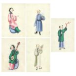 Attendants and females playing musical instruments, set of five Chinese watercolours on pith