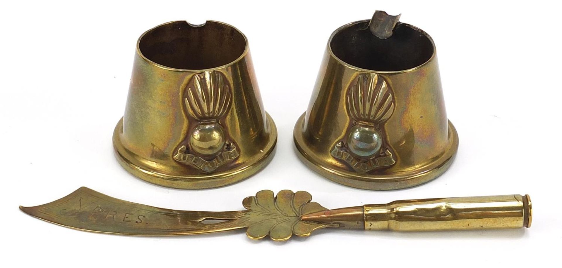 Military interest trench art including pair of ashtrays with Royal Engineers motifs, the largest