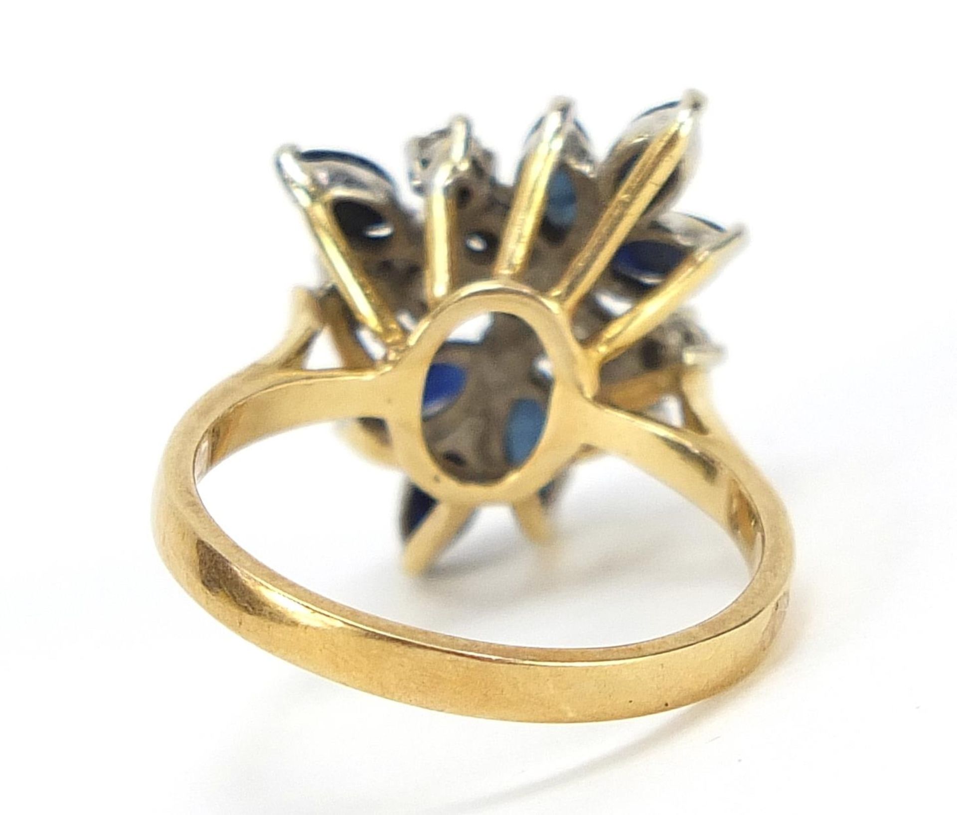 Unmarked gold diamond and sapphire flower head ring, size P, 5.6g - Image 2 of 2
