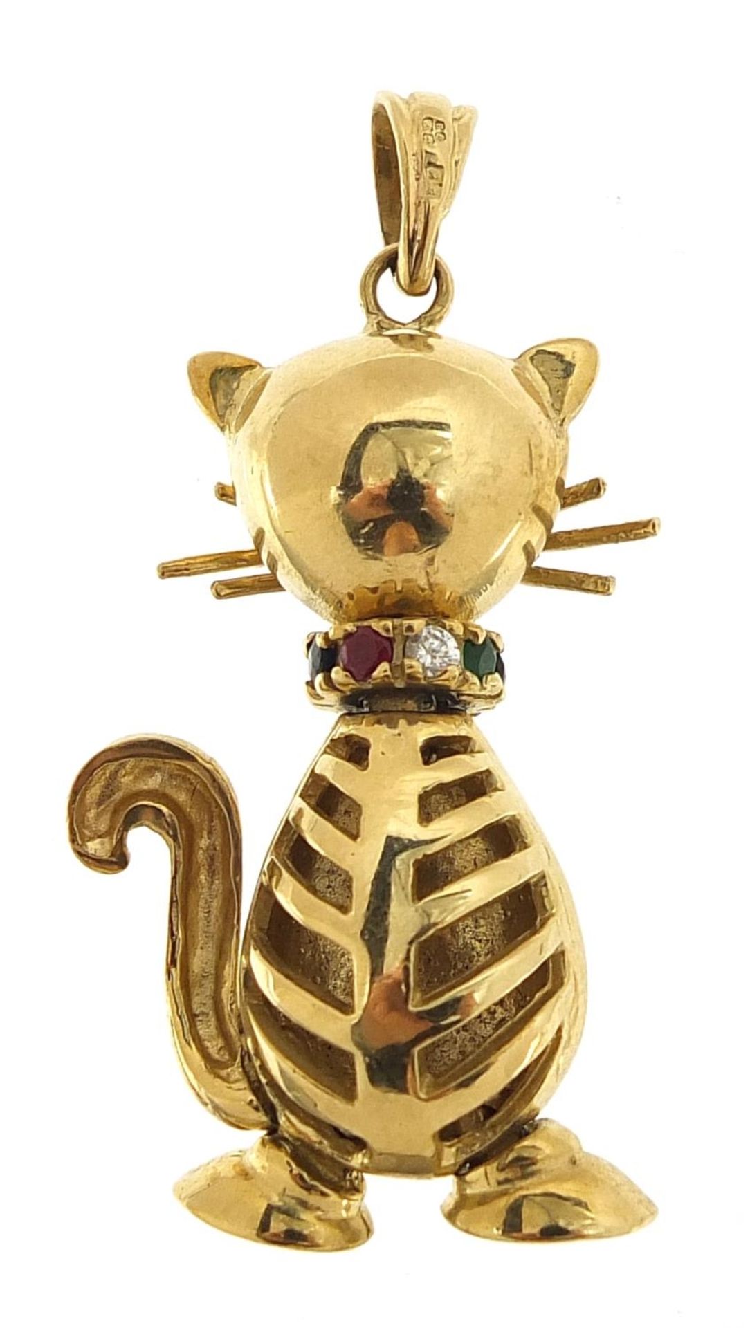 9ct gold articulated cat pendant set with colourful stones, 4.5cm high, 10.0g - Image 2 of 5