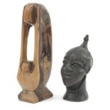African Benin style patinated bronze bust and Modernist wood carving, the largest 23cm high