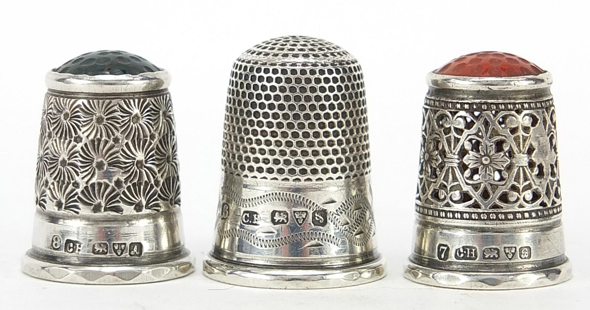 Three Charles Horner silver thimbles, two with hardstone tops, the largest 2.5cm high, total 16.2g - Image 2 of 4