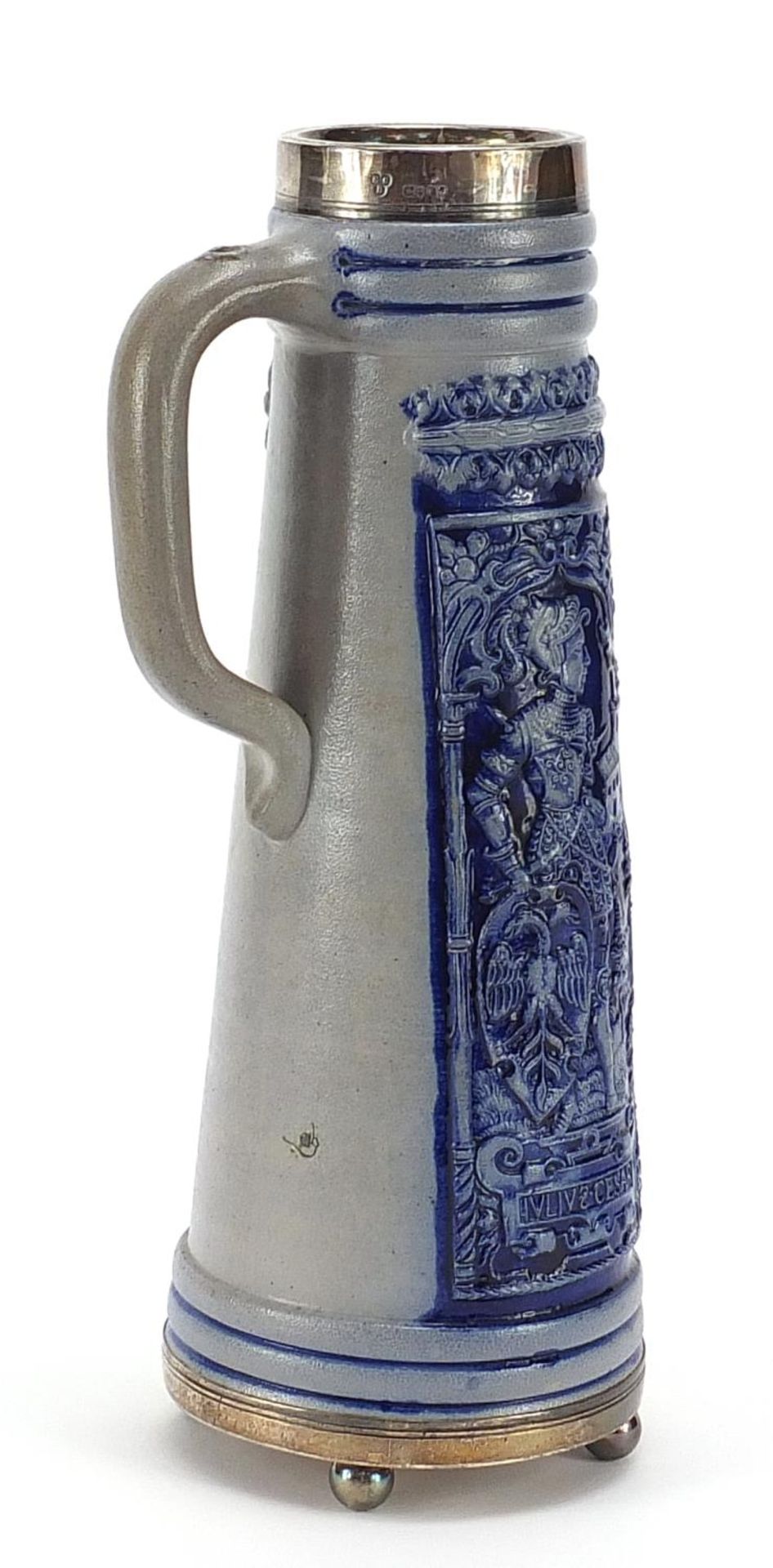 German salt glazed jug with Victorian silver mounts, 28cm high - Image 2 of 4