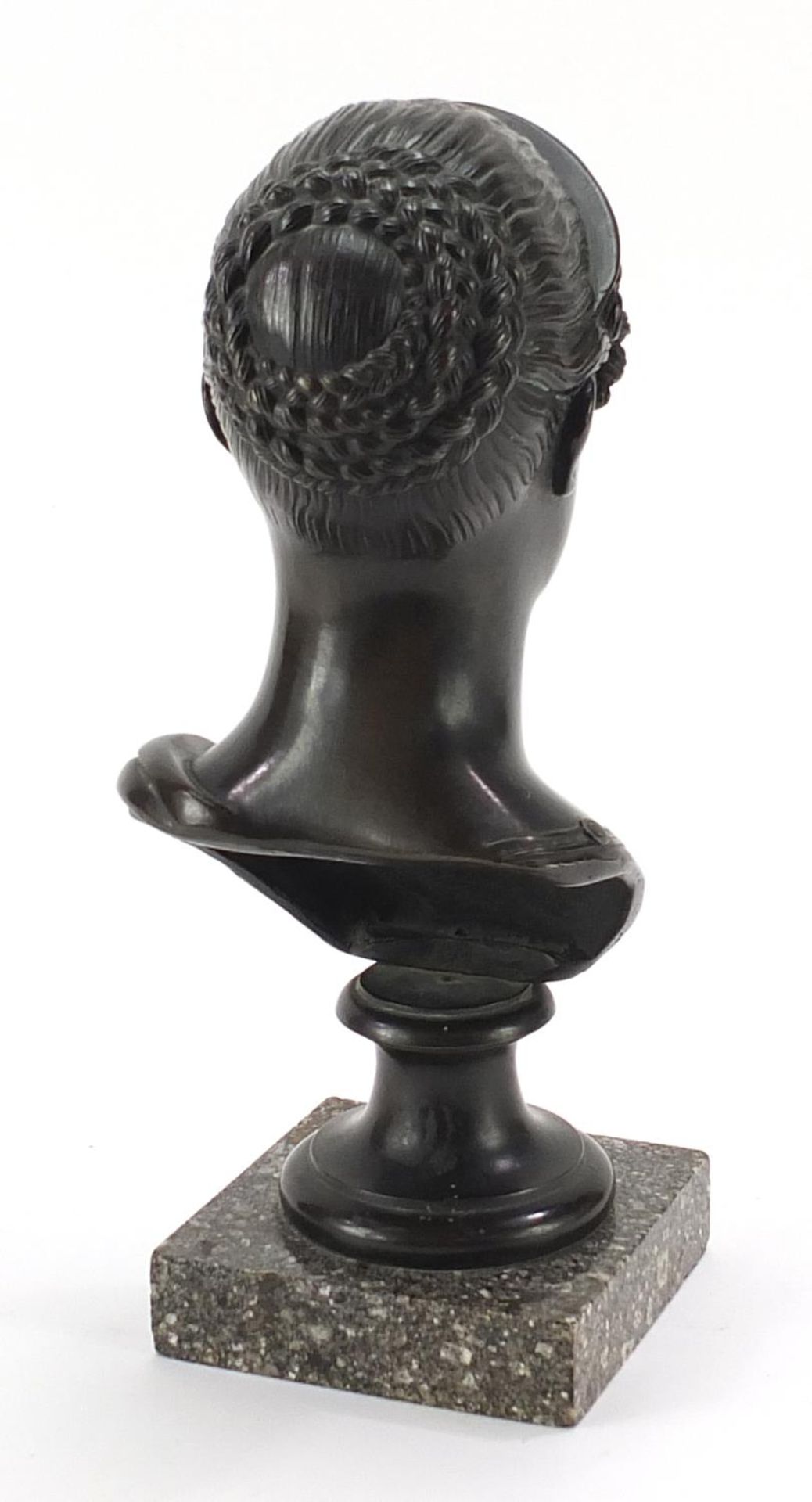 Antique classical patinated bronze bust of a Grecian female raised on a square marble base, 29cm - Image 2 of 3