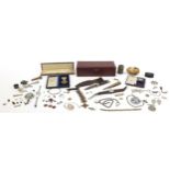 Objects including vintage costume jewellery, Ingersoll pocket watches, pocket knives and simulated