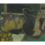 Still life fruit and vessels, oil on canvas, framed, 24cm x 20cm excluding the mount and frame