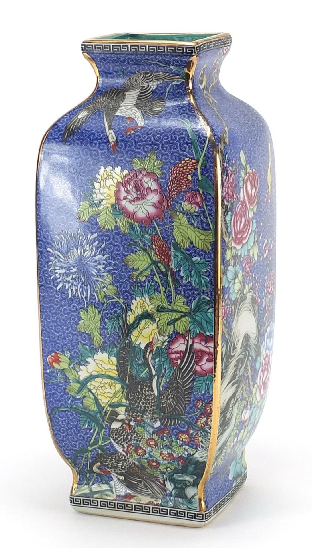 Large Chinese porcelain square section vase decorated with birds of paradise amongst flowers, four