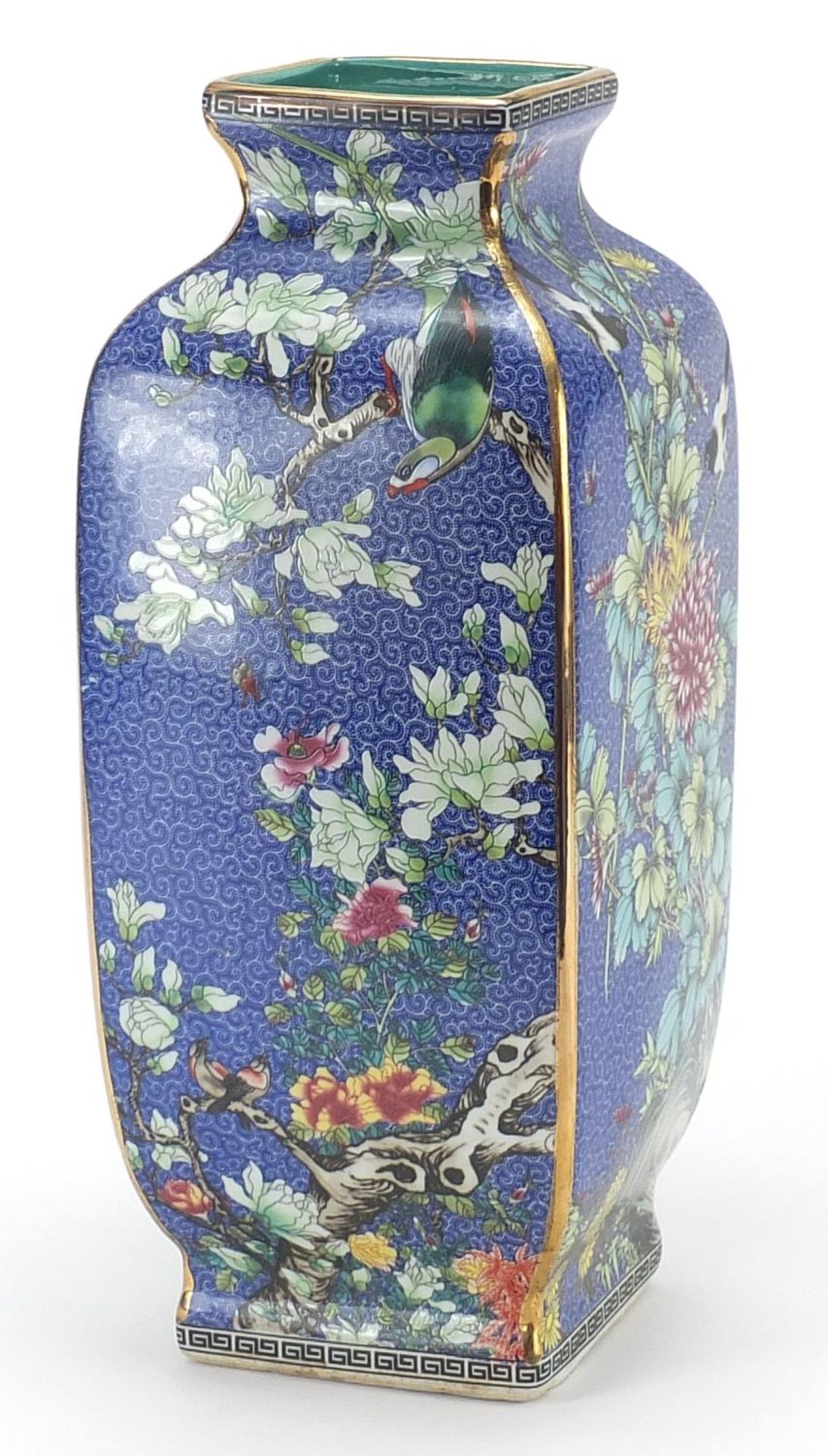 Large Chinese porcelain square section vase decorated with birds of paradise amongst flowers, four - Image 2 of 3
