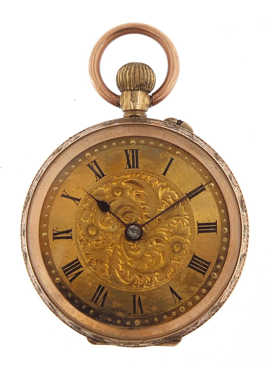 Ladies 9ct rose gold pocket watch with ornate dial, 32mm in diameter, 22.5g