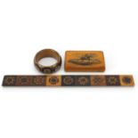 Treen including a printed Mauchline Ware snuff box and Tunbridge Ware rule, the largest 23cm in