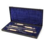 Five piece carving set with ivorine handles housed in a velvet and silk lined fitted case, the blade