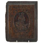 17th/18th century oak panel carved with a saint and dog, 26cm x 20.5cm