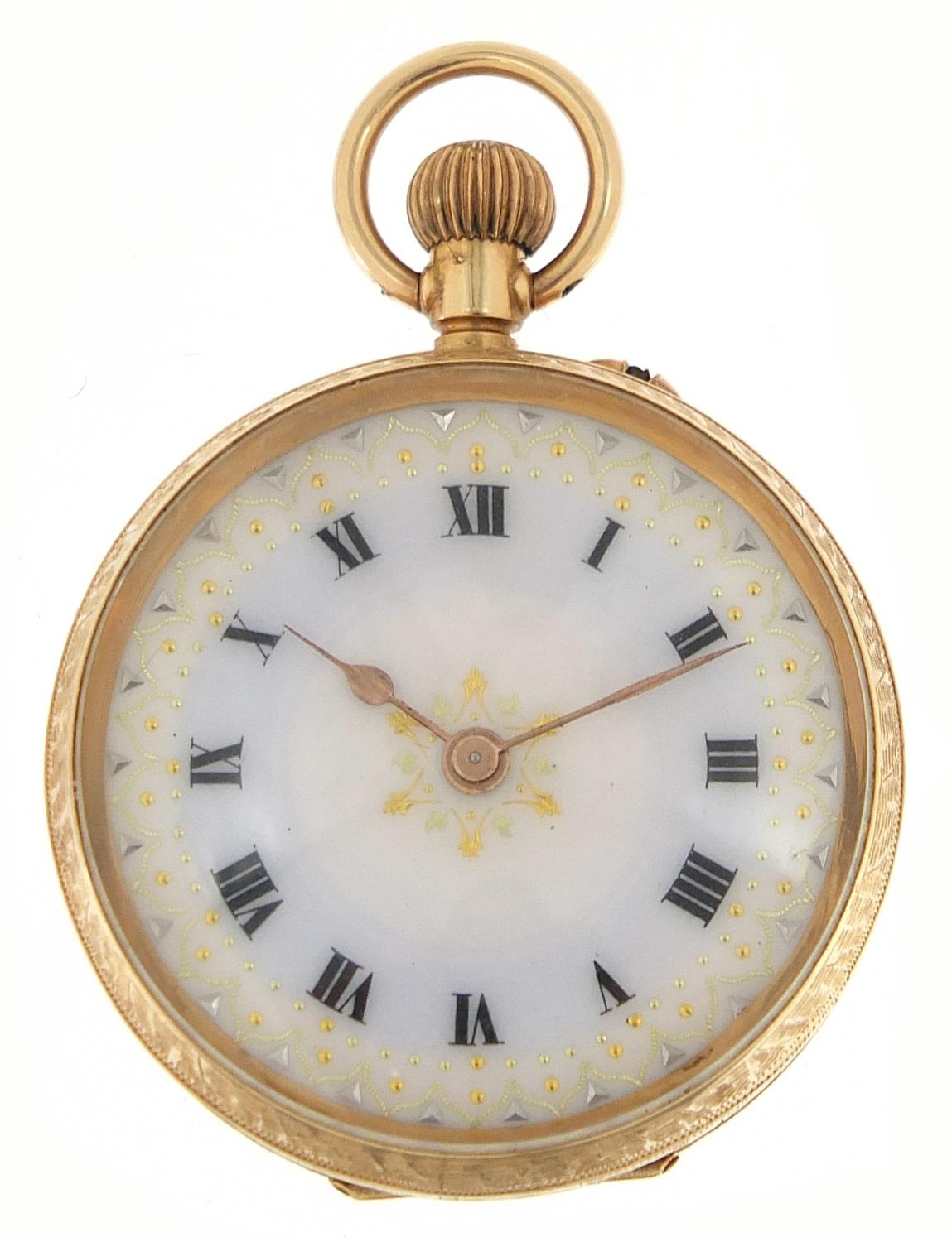 12ct gold ladies pocket watch with enamelled dial, 34mm in diameter, 33.0g