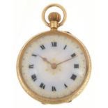12ct gold ladies pocket watch with enamelled dial, 34mm in diameter, 33.0g