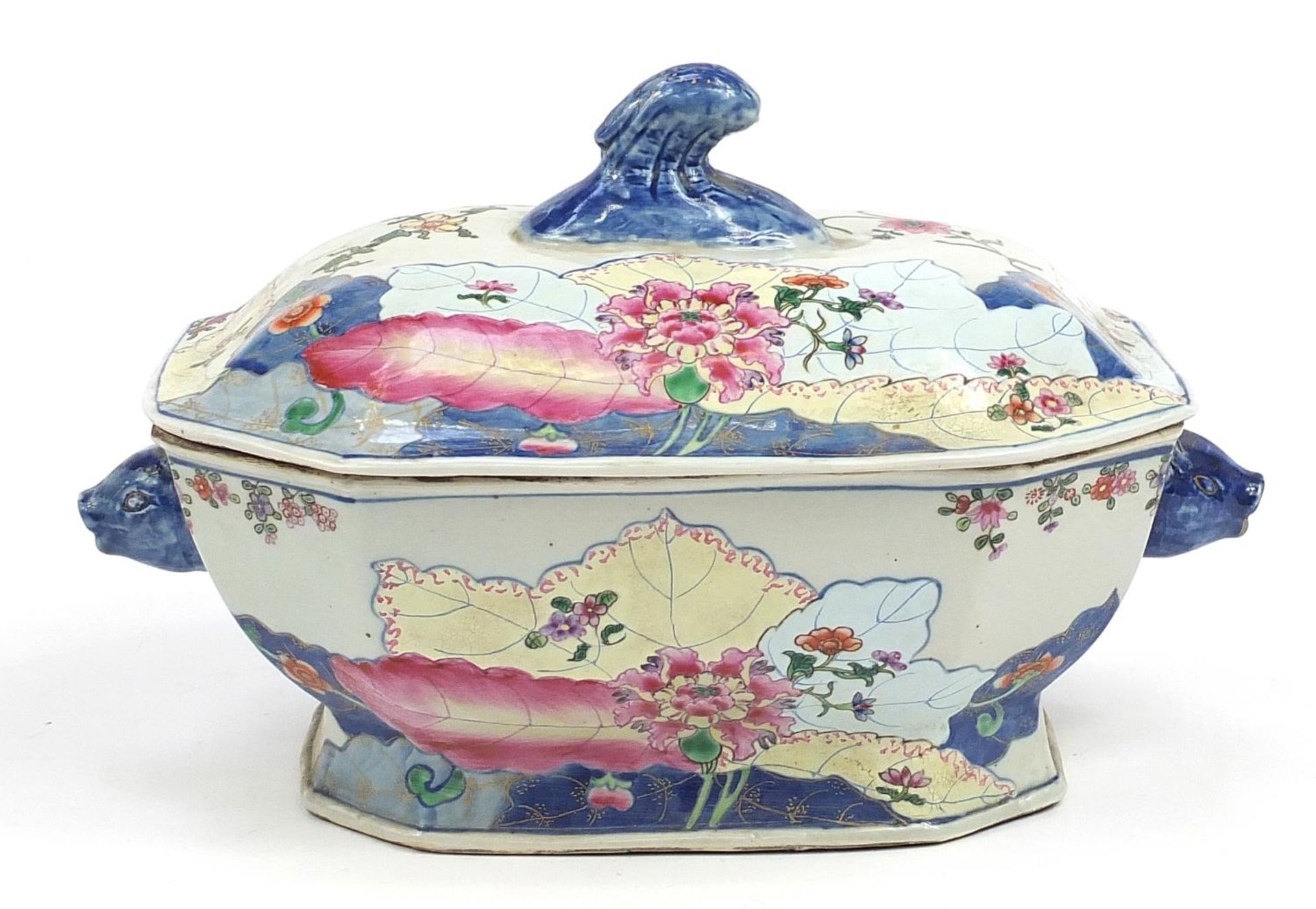 Chinese wucai porcelain tureen and cover with twin handles hand painted with flowers, 35cm wide - Image 2 of 3