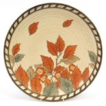 Charlotte Rhead for Crown Ducal, Art Deco pottery wall charger hand painted with autumn leaves,