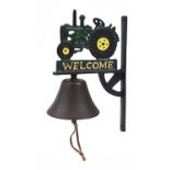 Painted cast iron tractor design bell, 32cm high
