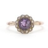 9ct gold amethyst and pearl cluster ring, size L, 2.1g