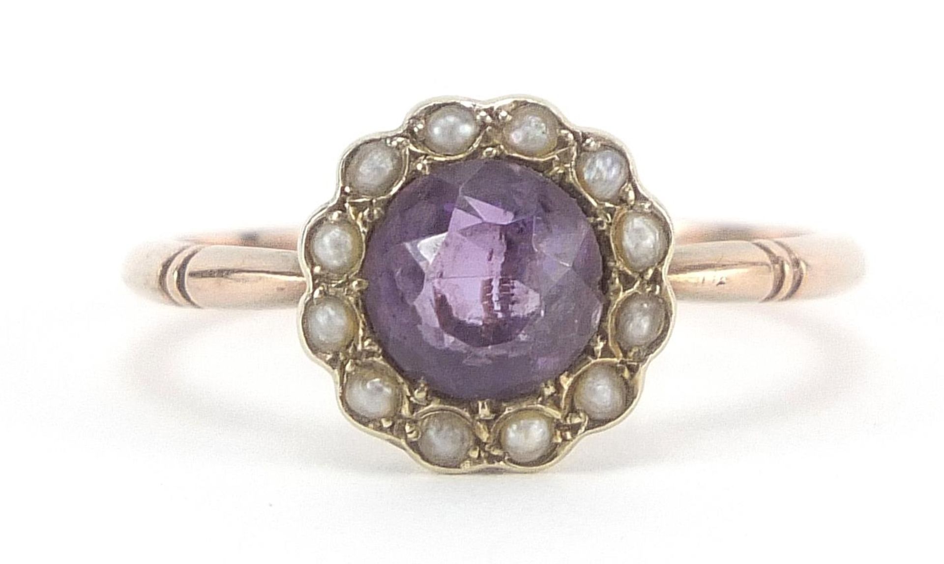 9ct gold amethyst and pearl cluster ring, size L, 2.1g