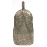 Tribal interest Afghan white metal flask engraved with animals and flowers, 42.5cm high