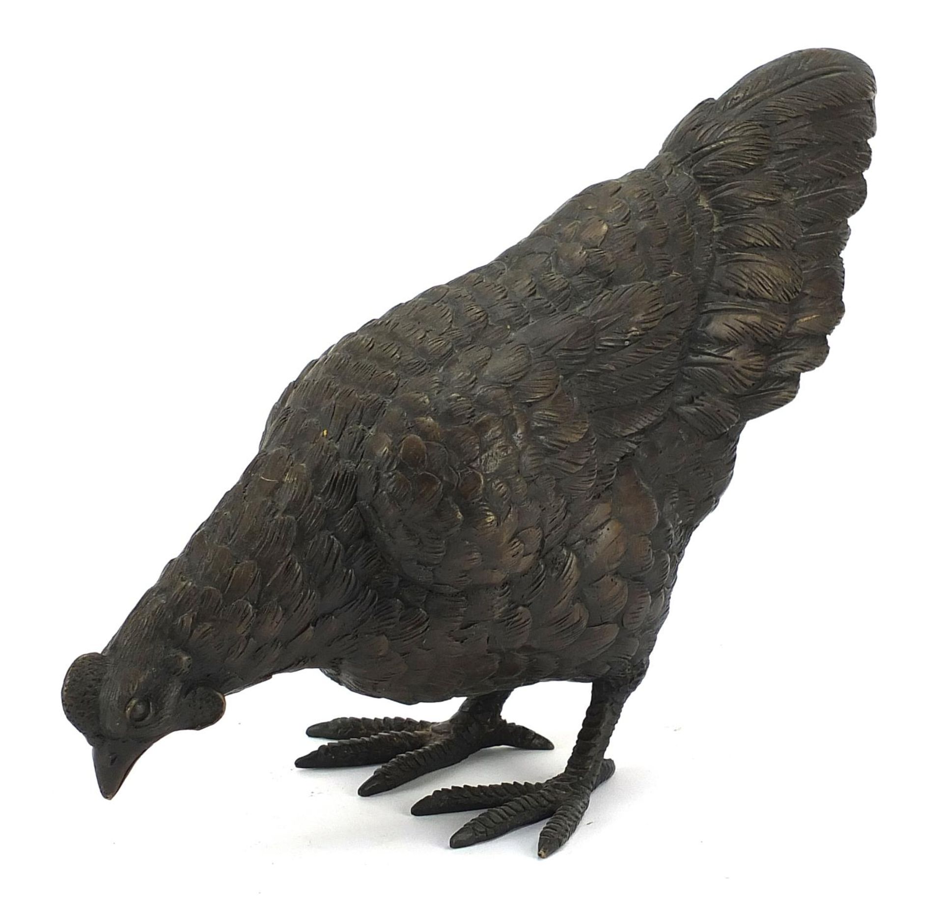 Large patinated bronze chicken, 36cm in length