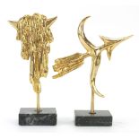 Fondica, two French Brutalist gilt brass zodiac sign sculptures raised on rectangular marble