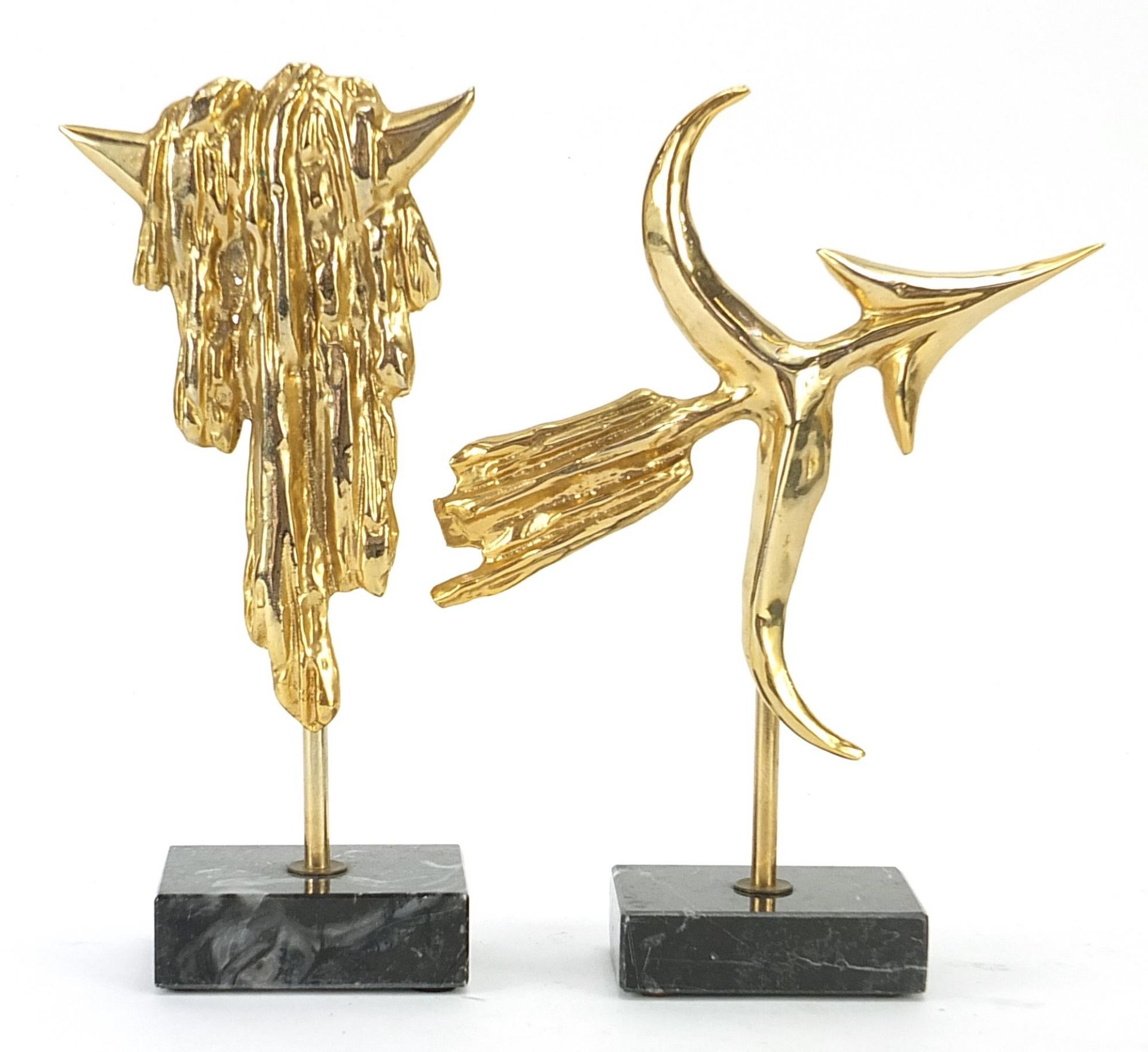 Fondica, two French Brutalist gilt brass zodiac sign sculptures raised on rectangular marble