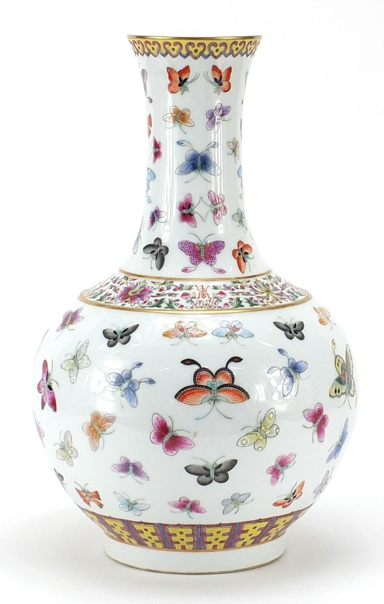 Large Chinese porcelain vase hand painted in the famille rose palette with butterflies and