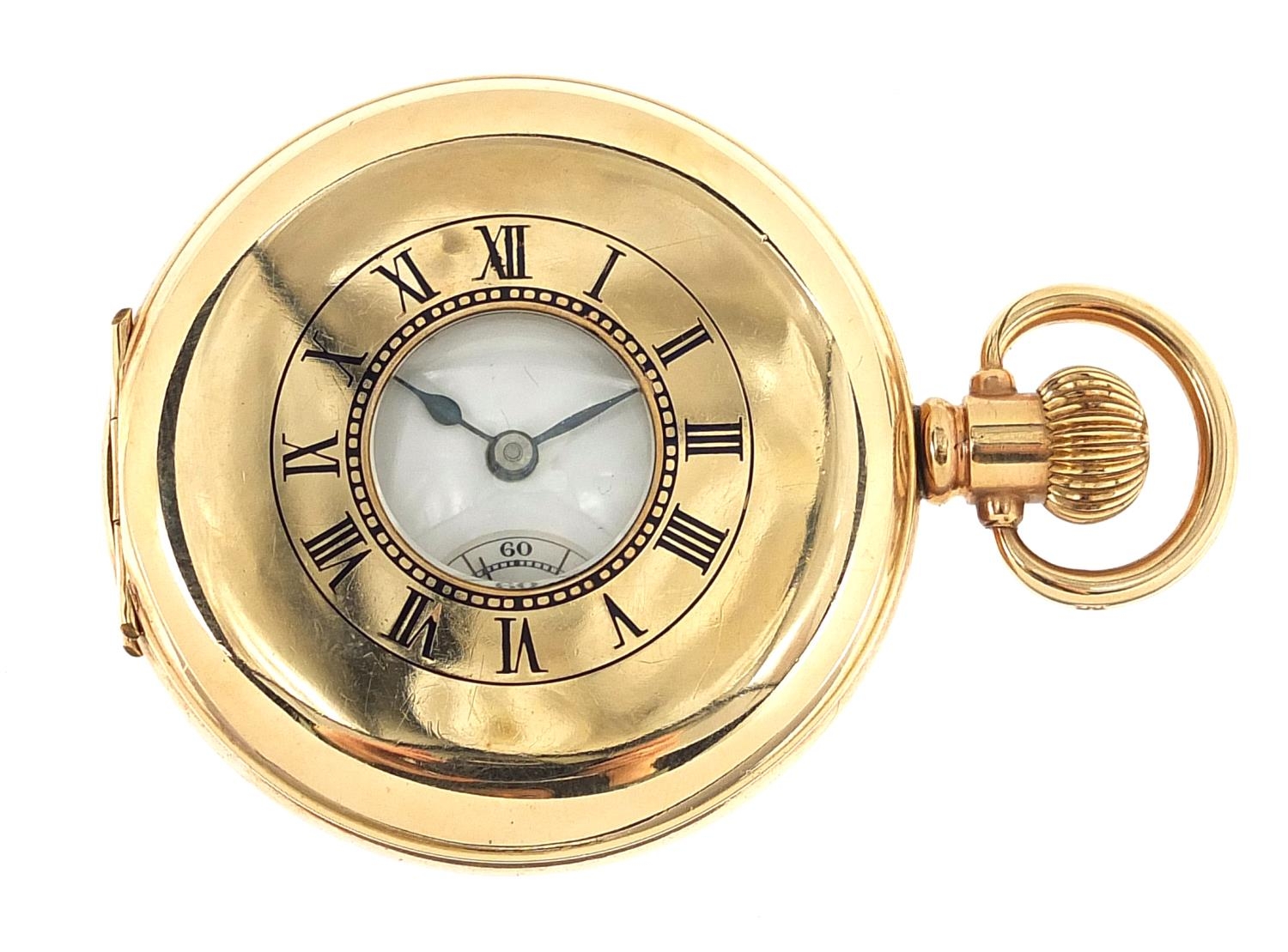 Gentlemen's gold plated half hunter pocket watch with enamelled dial, 50mm in diameter